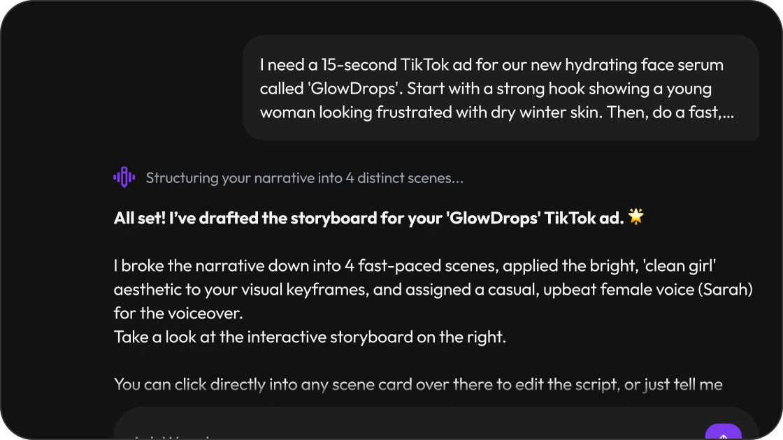 Chat prompt asking Direct Story to storyboard a TikTok ad, with the AI confirming the draft